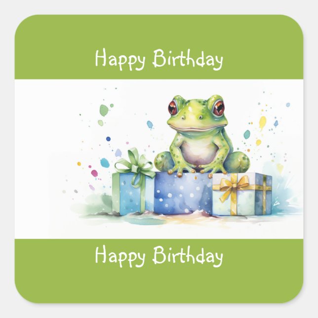 Happy Birthday Cute Green frog with wrapped gifts Square Sticker (Front)
