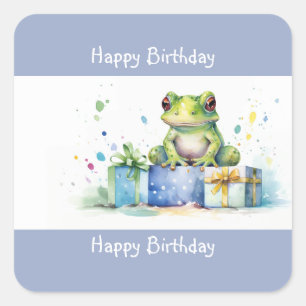 Happy Birthday Cute Green frog with wrapped gifts Square Sticker
