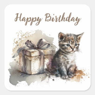 Happy Birthday   Cute Grey Kitten and Gift Square Sticker