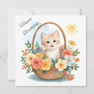 Happy Birthday Cute Kitten in Flower Basket Card