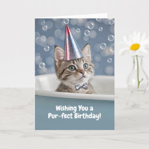 Happy Birthday Cute Kitten in Tub With Party Hat Card