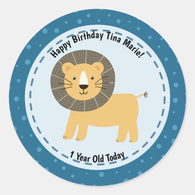 Happy Birthday Cute Lion Zoo Animals Classic Round Sticker (Front)