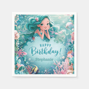 Happy Birthday Cute Mermaid Underwater Coral Reef Napkin