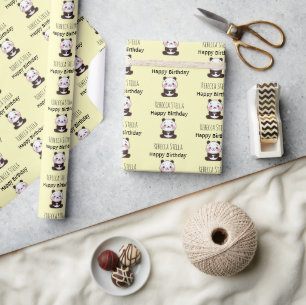 Happy birthday cute panda bear yellow wrapping paper