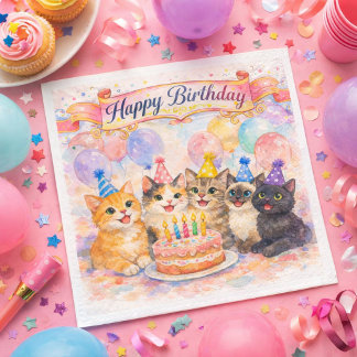 Happy Birthday Cute Party Cats Paper Napkin