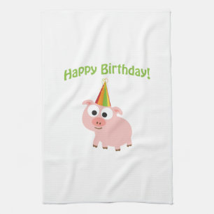 Happy Birthday! Cute Pig Tea Towel
