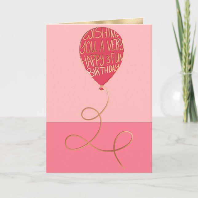 Happy Birthday Cute Pink Balloon Gold Typography Card (Front)
