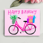 HAPPY BIRTHDAY Cute Pink Bicycle Custom  Postcard<br><div class="desc">Add your own text or use it as wall art in a frame or stuck to a corkboard. Would be fun for a kids room, as a birthday postcard, or to brighten someone's day! You can choose a background colour yourself too. Check out this cute card and check my shop...</div>