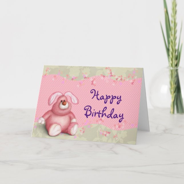 Happy Birthday Cute Pink Bunny With Hearts Card (Front)