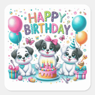 Happy Birthday Cute Puppies Celebrating Square Sticker