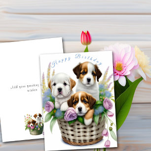 Happy Birthday Cute Puppies in Flower Basket Card