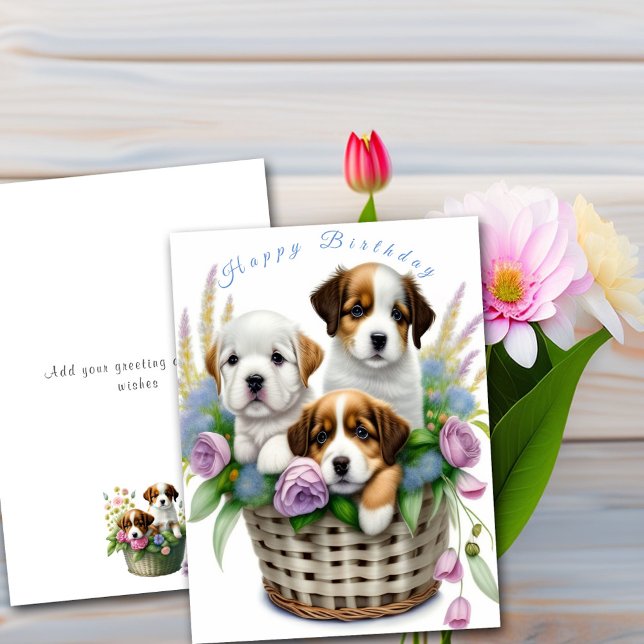 Happy Birthday Cute Puppies in Flower Basket Card (Creator Uploaded)