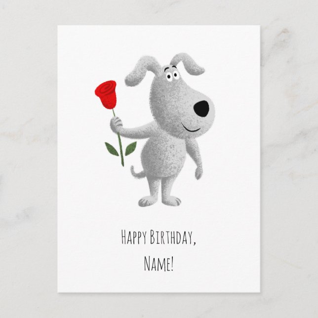 Happy Birthday Cute Puppy Dog Red Rose Postcard (Front)