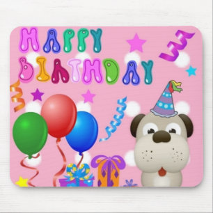 Happy birthday cute puppy with cake and gifts pink mouse pad