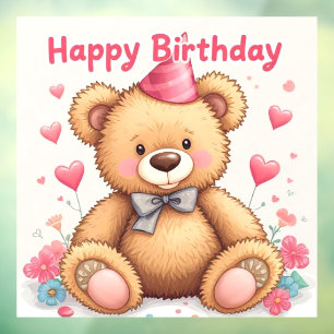 Happy Birthday Cute Teddy Bear with Pink Hearts