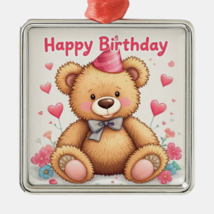 Happy Birthday Cute Teddy Bear with Pink Hearts Metal Ornament