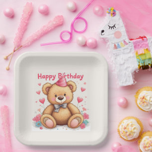 Happy Birthday Cute Teddy Bear with Pink Hearts Paper Plate