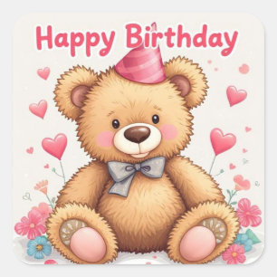 Happy Birthday Cute Teddy Bear with Pink Hearts Square Sticker