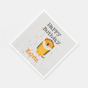 Happy birthday cute tiger custom name grey napkin