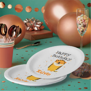 Happy birthday cute tiger custom name grey paper plate