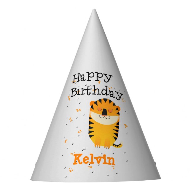 Happy birthday cute tiger custom name grey party hat (Front)