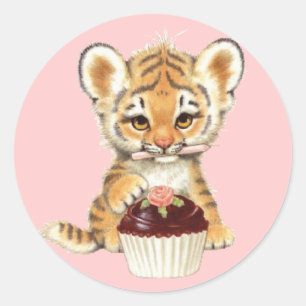 Happy Birthday - Cute Tiger with Cupcake Classic Round Sticker