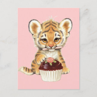 Happy Birthday - Cute Tiger with Cupcake Postcard
