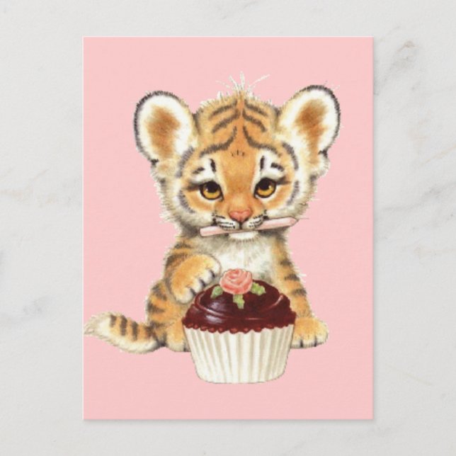 Happy Birthday - Cute Tiger with Cupcake Postcard (Front)