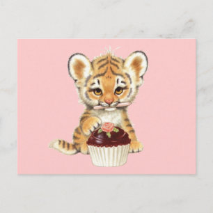 Happy Birthday - Cute Tiger with Cupcake Postcard