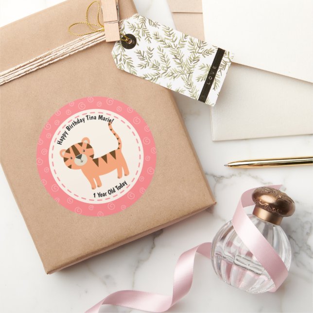 Happy Birthday Cute Tiger Zoo Animals Classic Round Sticker (Gifting)