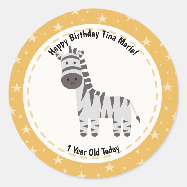 Happy Birthday Cute Zebra Zoo Animals Classic Round Sticker (Front)