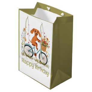 Happy Birthday Dachshund Dog Biking Spring Flowers Medium Gift Bag