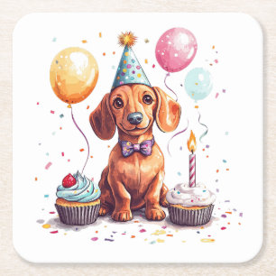 Happy Birthday Dachshund Dog Square Paper Coaster
