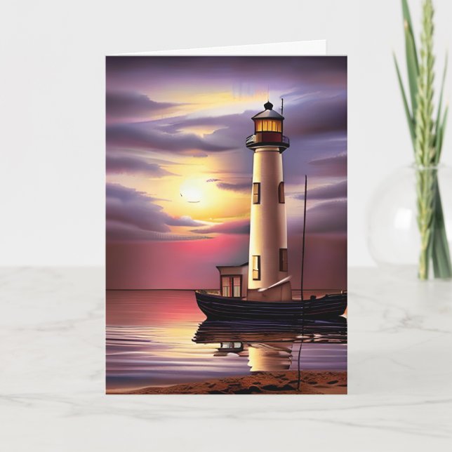 Happy Birthday Dad | Lighthouse, Sailboat, Sunset Card (Front)