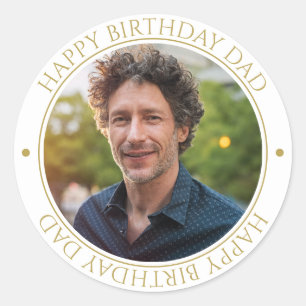 Happy Birthday Dad Modern Elegant Photo white Classic Round Sticker