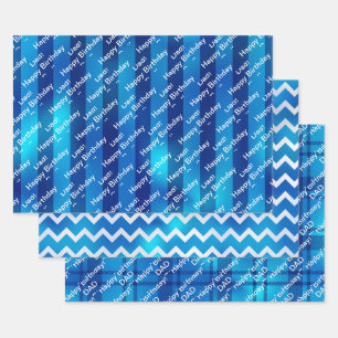 Happy Birthday Dad or Personalise Name Blue White Wrapping Paper Sheet