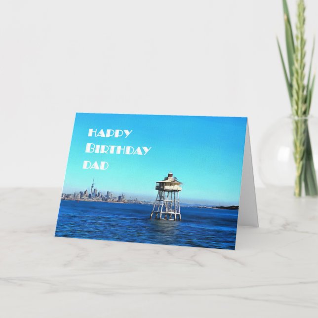 Happy Birthday Dad Over Ocean Lighthouse Card (Front)