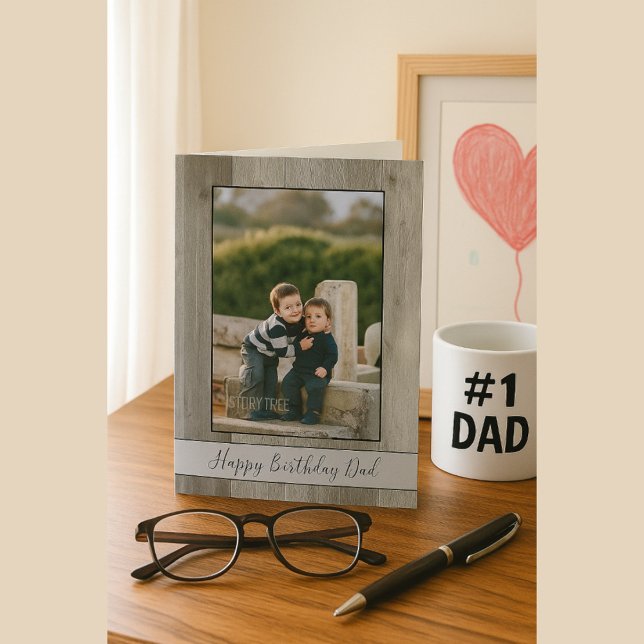 Happy Birthday Dad Rustic Grey Wood Photo Card (Creator Uploaded)