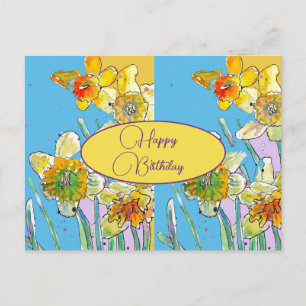 Happy Birthday Daffodil floral Yellow Blue Postcard