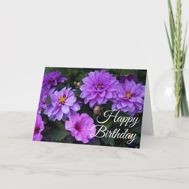 Happy Birthday Dahlia Lilac and Petunia Card (Front)
