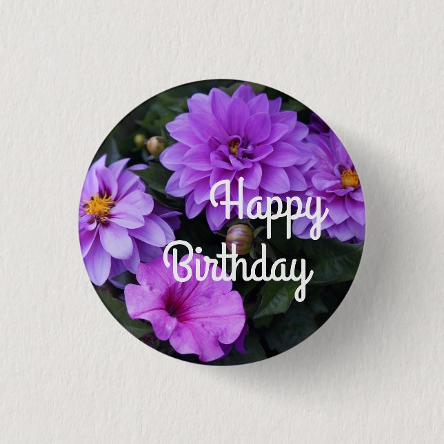 Happy Birthday Dahlia Lilac & Petunia #1-3 Button (Front)