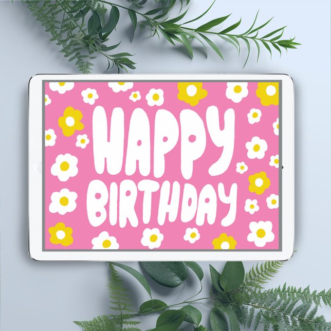 HAPPY BIRTHDAY Daisies Bubble Letters CUSTOM Bday Card (Custom groovy happy birthday card with bright pink and yellow daisy pattern - digital or paper card)