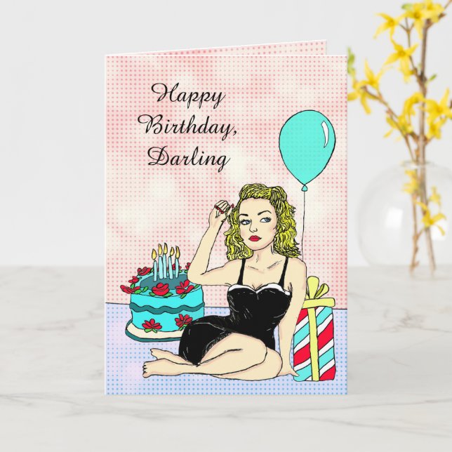 Happy Birthday Darling, Retro Lady Pinup Card (Yellow Flower)