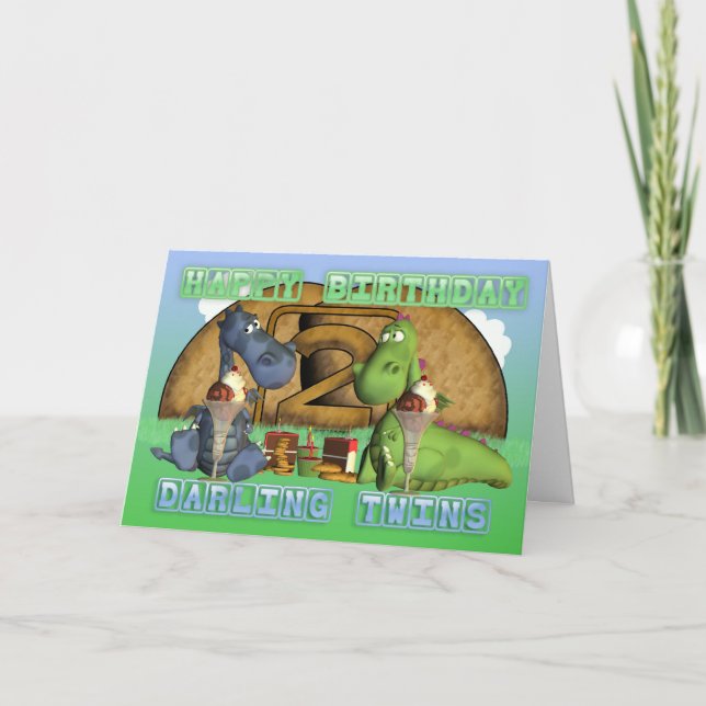 Happy Birthday Darling Twins, pair of cute dragons Card (Front)