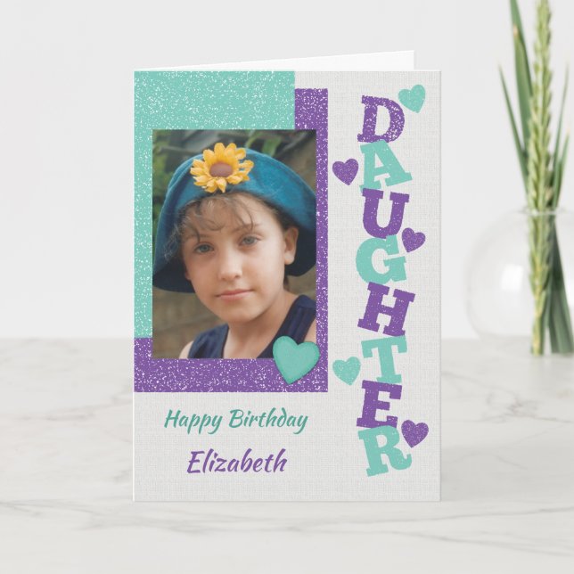 Happy Birthday Daughter purple and green photo Card (Front)
