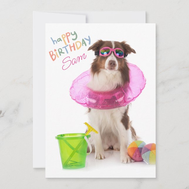 Happy Birthday Dawg Beach Pool Dog Sunglasses Name Holiday Card (Front)