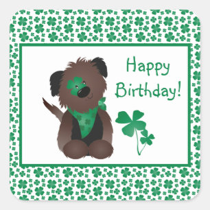Happy Birthday Day Dog Shamrock Green Square Sticker