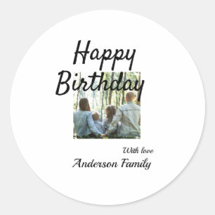 Happy birthday day photo family name elegant class classic round sticker