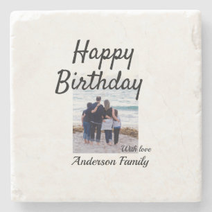 Happy birthday day photo family name elegant class stone coaster