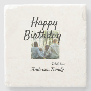 Happy birthday day photo family name elegant class stone coaster